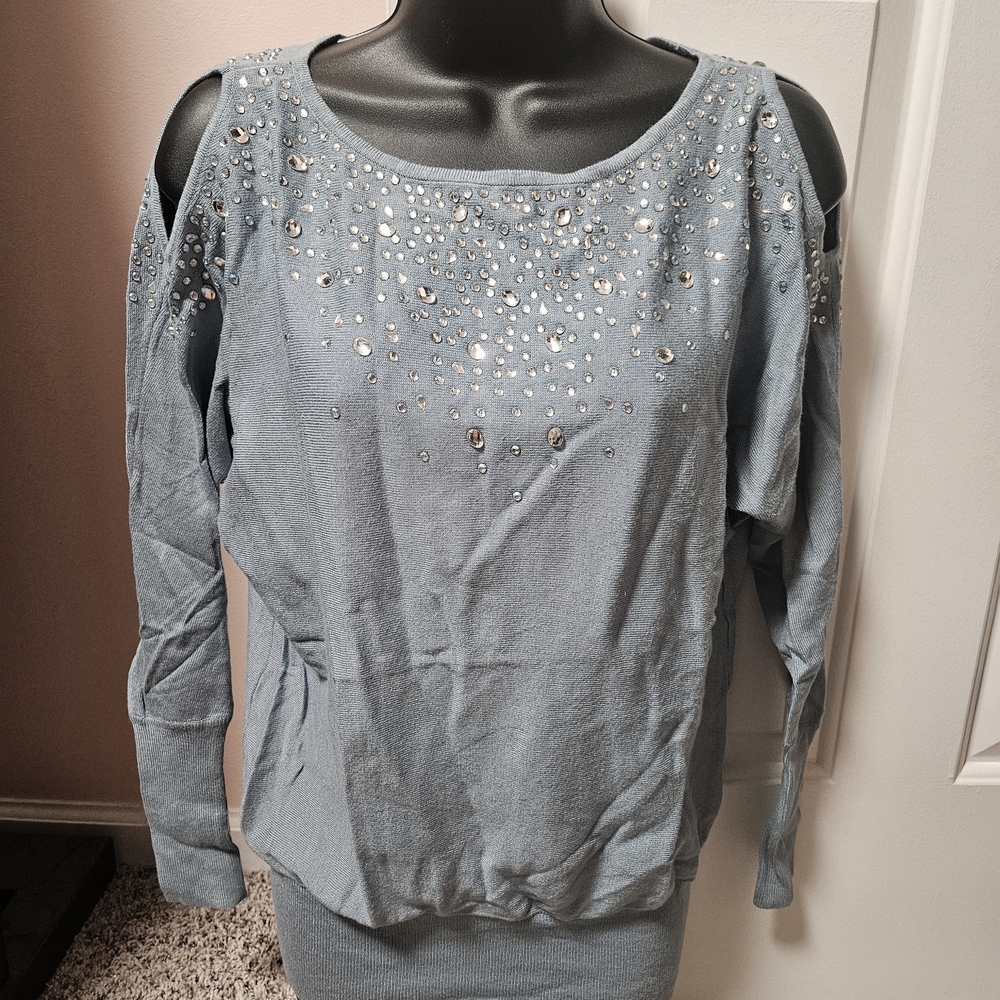 VENUS Blue Embellished Cold Shoulder Sweater